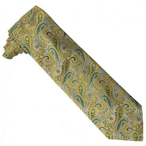 Stacy Adams Collection SA181 Grey / Turquoise / Gold Paisley Design 100% Woven Silk Necktie/Hanky Set